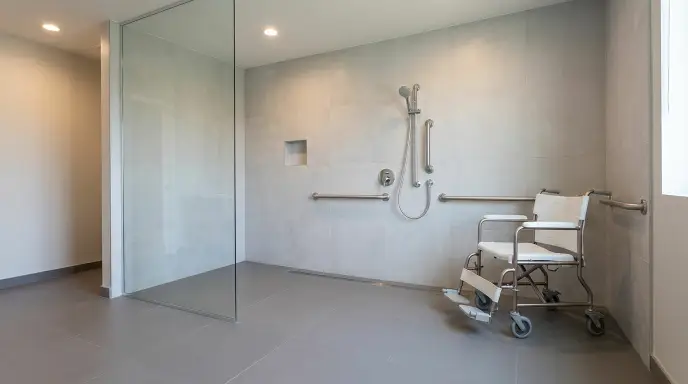 Barrier-free roll-in shower allowing smooth wheelchair transfer with wall-anchored grab bars and accessible handheld sprayer.