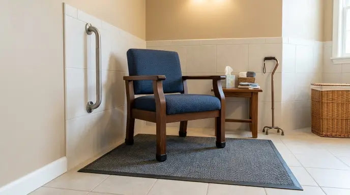 Safe senior dressing area featuring a non-skid bath mat, firm chair, and wall-mounted grab bar.