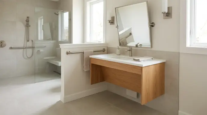 Safe bathroom vanity setup for seniors featuring comfort height counter and open roll-under floor clearance
