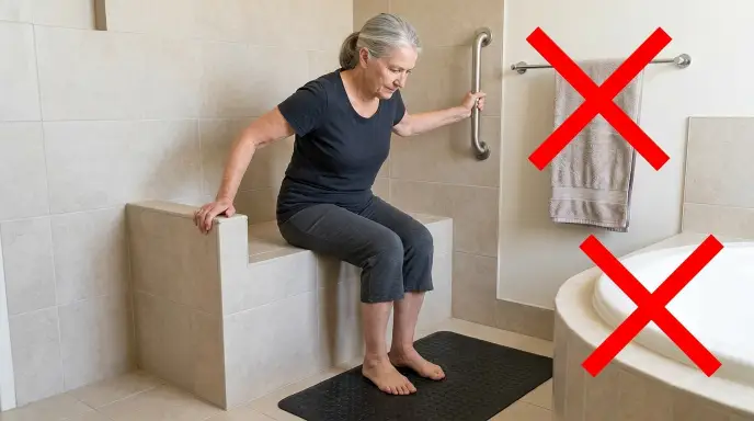 Senior pushing up to stand from a tub transfer bench using the armrest and wall grab bar onto a non-slip floor mat