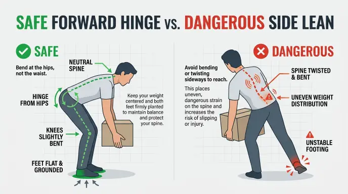 Diagram comparing safe forward-leaning posture against dangerous sideways tilting while wiping on a toilet seat.