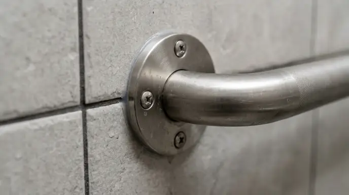 A stainless steel grab bar safely installed and screwed into bathroom wall studs over ceramic tiles.