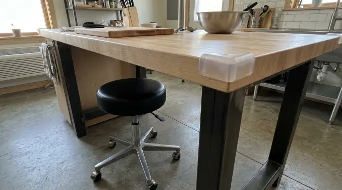 Seated kitchen prep station with open knee clearance and rounded silicone edge protectors.