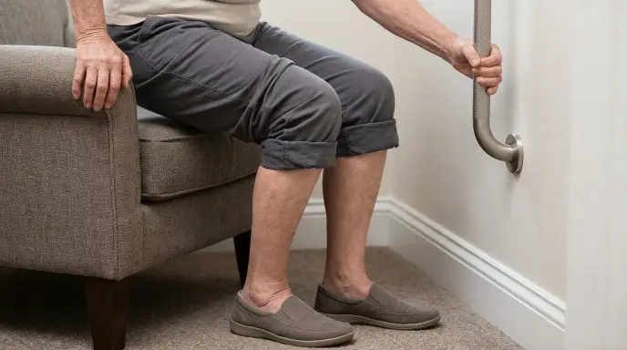 Elderly person threading pants up to the knees while seated before standing with grab bar support.