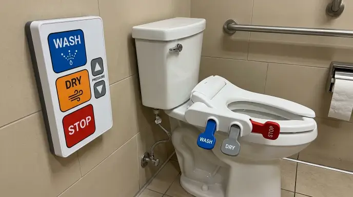 Bidet toilet attachment featuring large ergonomic lever controls suitable for seniors with weak hand grip and arthritis.