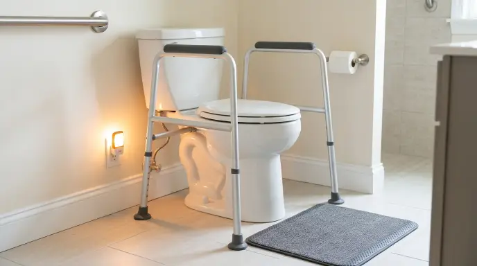 Free-standing toilet safety frame with padded handles installed around a comfort-height senior commode
