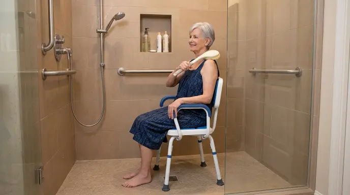 Senior sitting securely on a shower chair using a curved long-handled sponge to wash their back without bending or twisting