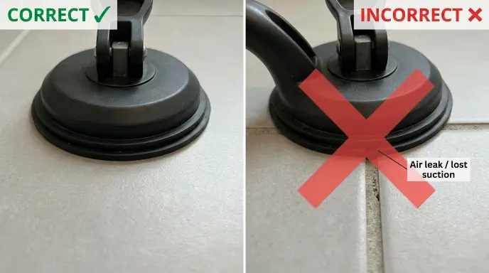 Correct vs incorrect placement of shower chair suction feet avoiding tile grout lines