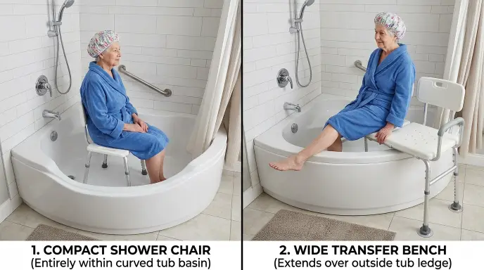 Side by side view of a 4-leg shower chair inside a tub basin compared to a wide transfer bench over the tub threshold