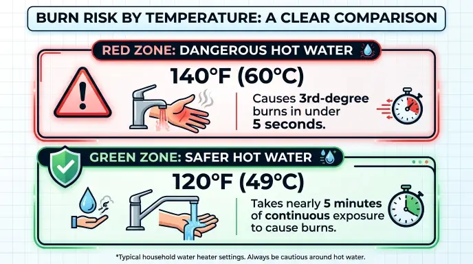 Chart comparing shower water temperature and scalding burn times for older adults