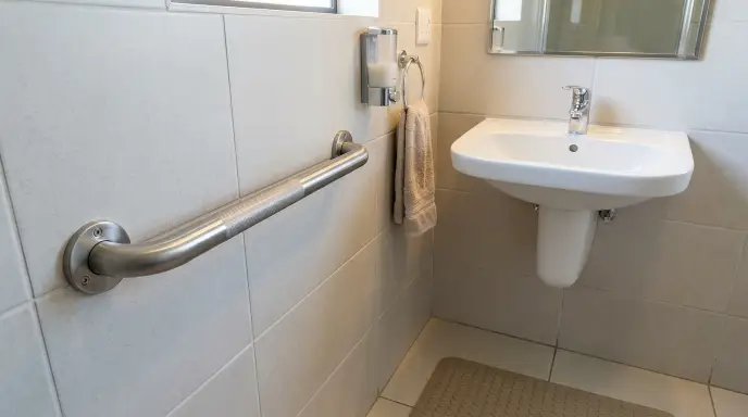 Stud-mounted horizontal grab bar installed on the side wall next to a senior bathroom vanity