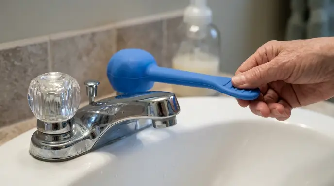 Blue silicone handle extender installed on a round twist knob for arthritic hands