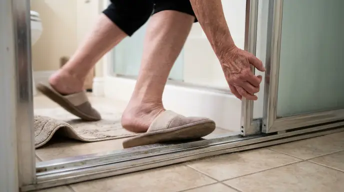 raised metal bottom track of sliding glass shower door creating a tripping hazard for seniors