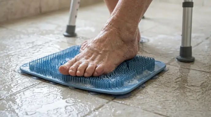 Close up of senior using a floor-mounted suction cup foot scrubber while seated to clean soles and heels without leaning forward