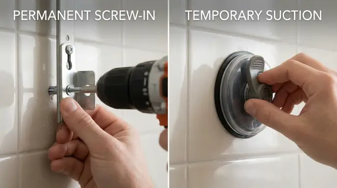 A side-by-side comparison of a permanent screw-in grab bar being drilled into a bathroom stud on the left, and a temporary suction-cup grab bar on the right showing loose, wet tiles.