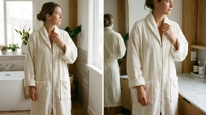 Heavyweight zip-front terry cloth bathrobe for passive drying after senior shower