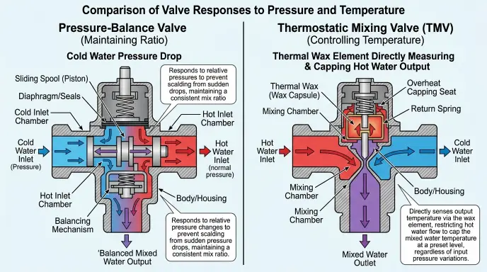 Diagram comparing pressure-balance valve mechanics and thermostatic mixing valve TMV components