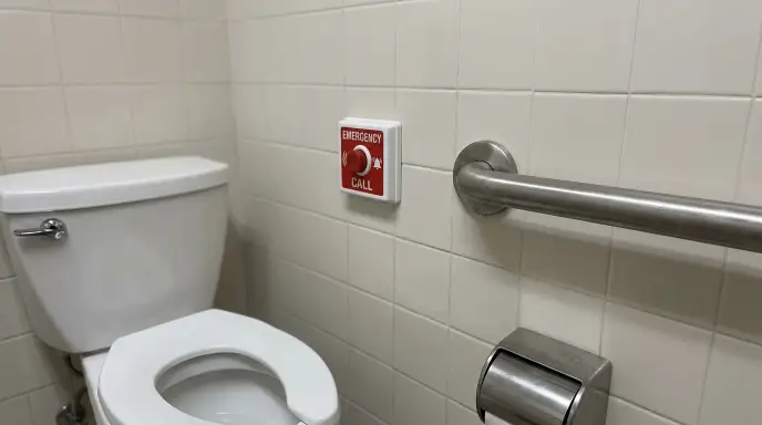 Waterproof emergency call button mounted 34 inches from floor beside toilet separated from grab bar