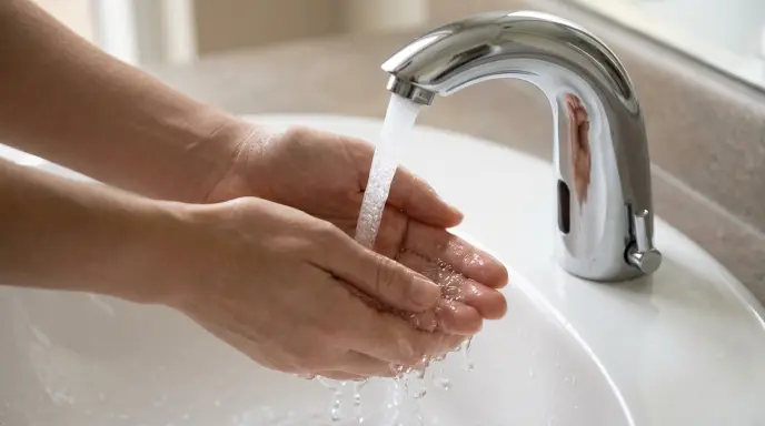 Senior placing hands under an automatic motion sensor touchless bathroom faucet