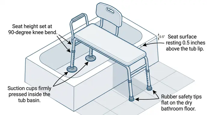 Diagram showing correct tub transfer bench height adjustment and leg leveling inside and outside a bathtub for seniors