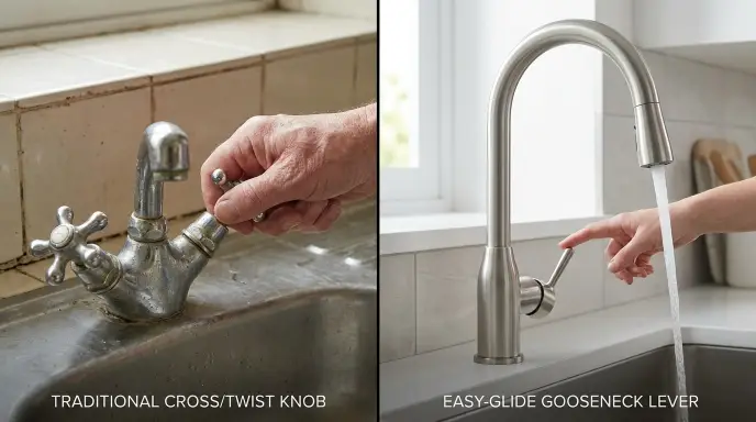 Comparison between a difficult traditional twist knob and an easy-turn ADA lever handle faucet