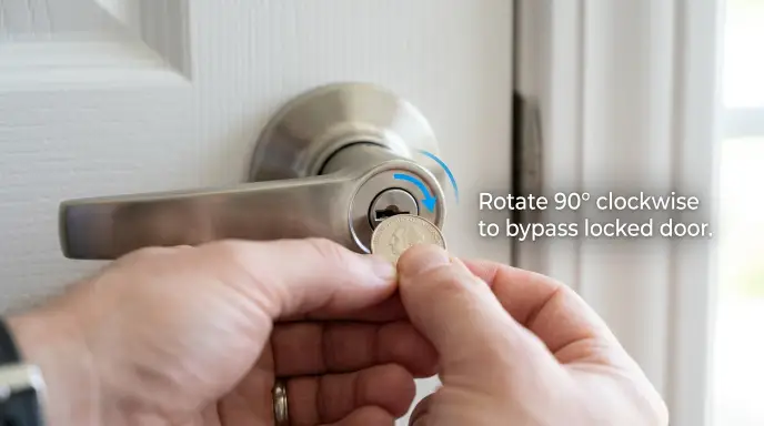 Hand demonstrating how to unlock a senior bathroom privacy door from the outside using a coin in the emergency release slot.