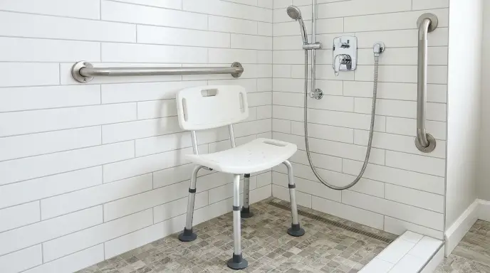 ADA-compliant textured grab bars and heavy-duty shower chair inside a senior-friendly walk-in shower