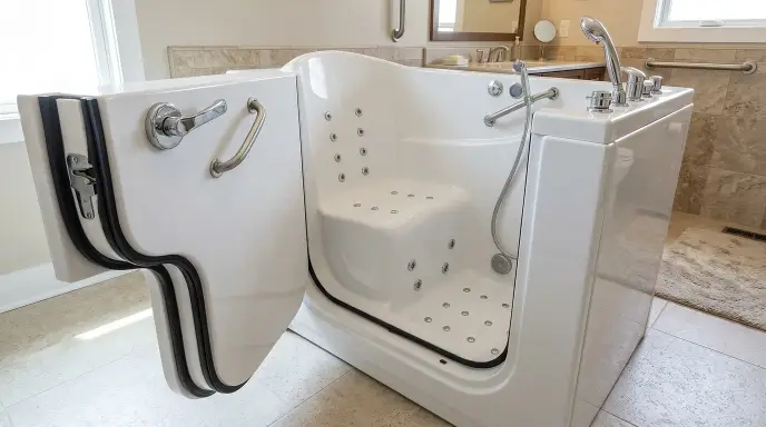Walk-in bathtub with watertight inward-swinging door, contoured seat, and targeted hydrotherapy jets for senior pain relief.