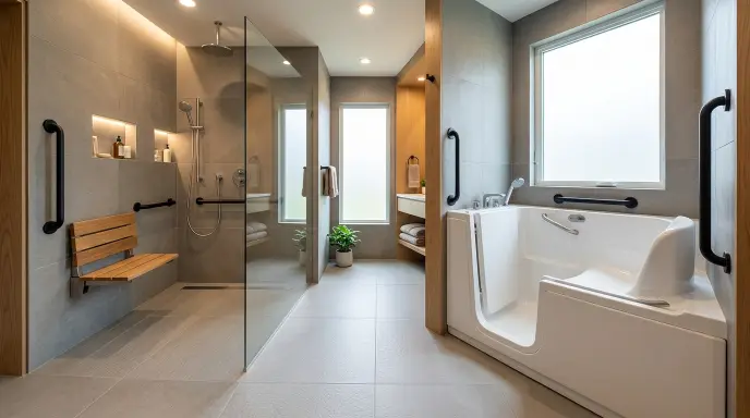 Side-by-side comparison of a modern curbless walk-in shower and a walk-in tub with an open door for senior bathroom accessibility.