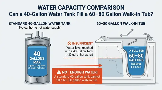 Diagram comparing standard home 40-gallon water heater capacity against 60-to-80-gallon walk-in tub volume requirements.