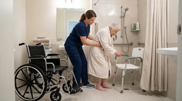 wheelchair and shower chair safe entry in a barrier-free shower with wall-anchored curtain
